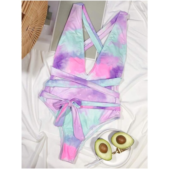 Boho Pink Tie Dye Wrap One Piece Monokini Swim Beach - Picture 2 of 4